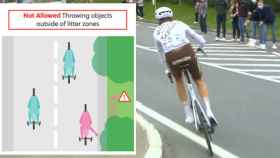 La explicación de UCI de la nueva norma de no tirar bidones en carrera y la acción de Michael Schar en el Tour de Flandes, en un fotomontaje