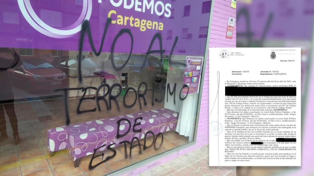 Pintadas realizadas en la sede de Podemos en Cartagena.