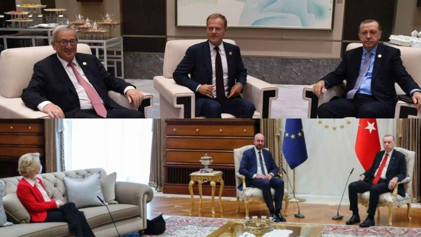 Los dos representantes masculinos de la Unión Europea en visita a Turquía y abajo la foto con Von der Leyen.
