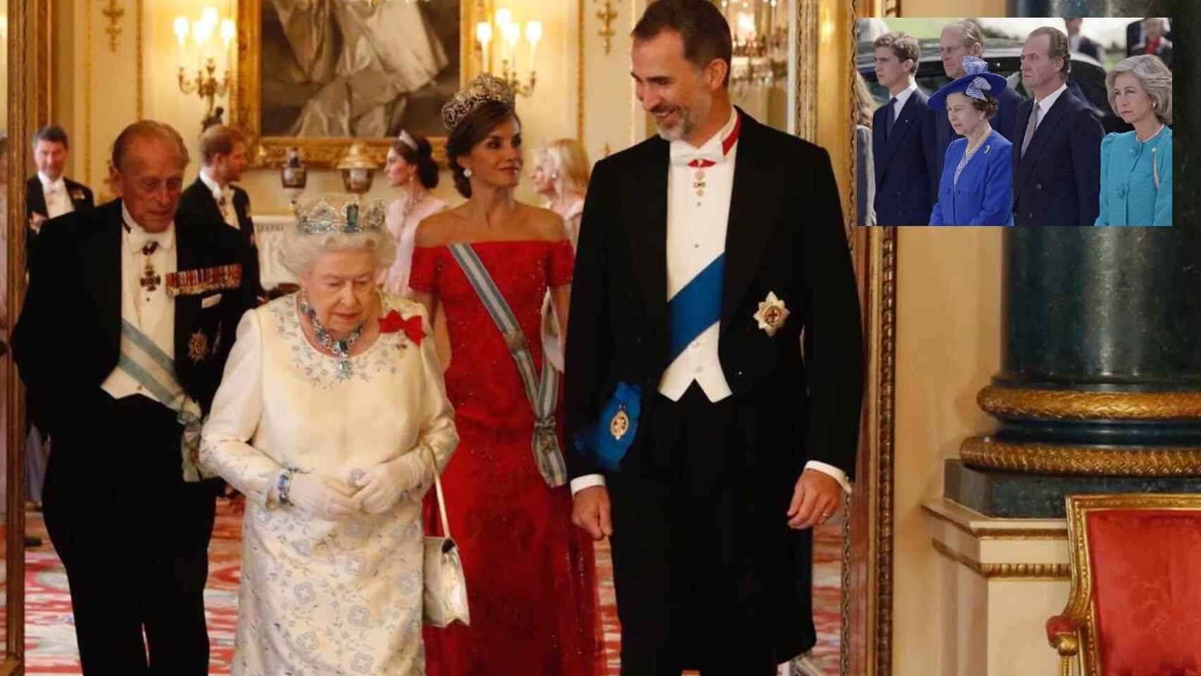 Felipe de Edimburgo y la reina Isabel II junto a los actuales reyes de España, en 2017, en montaje de JALEOS con los eméritos, Juan Carlos y Sofía.