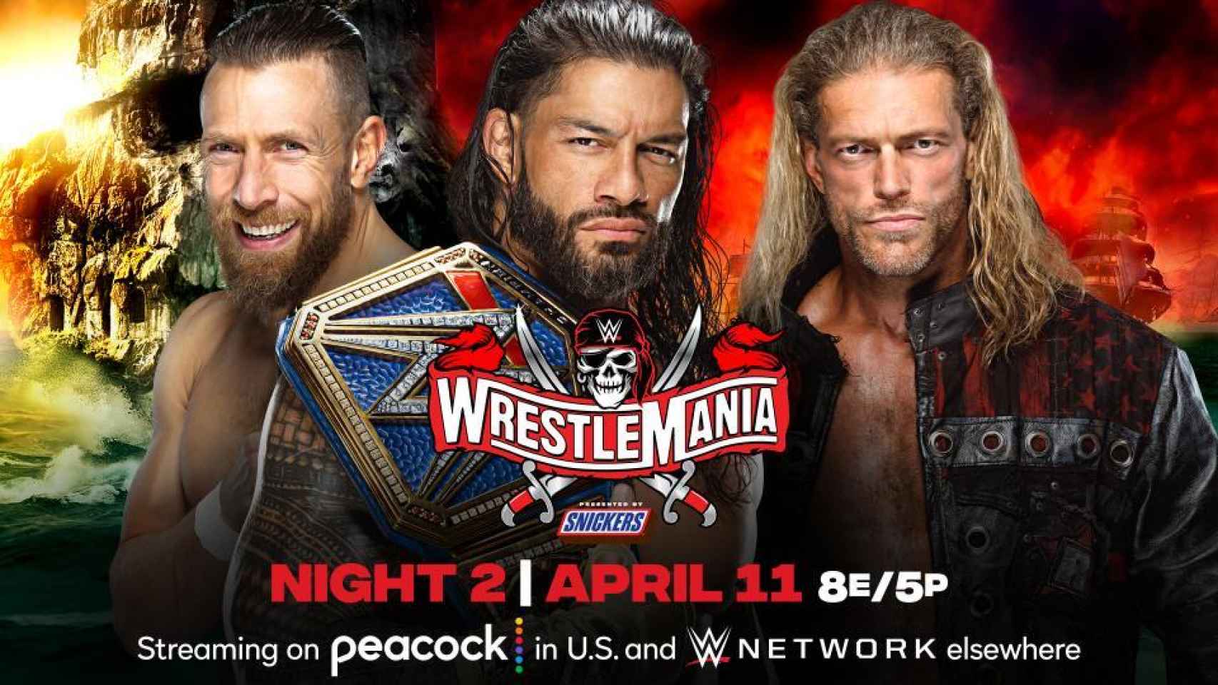 Daniel Bryan, Roman Reigns y Edge, en Wrestlemania 37