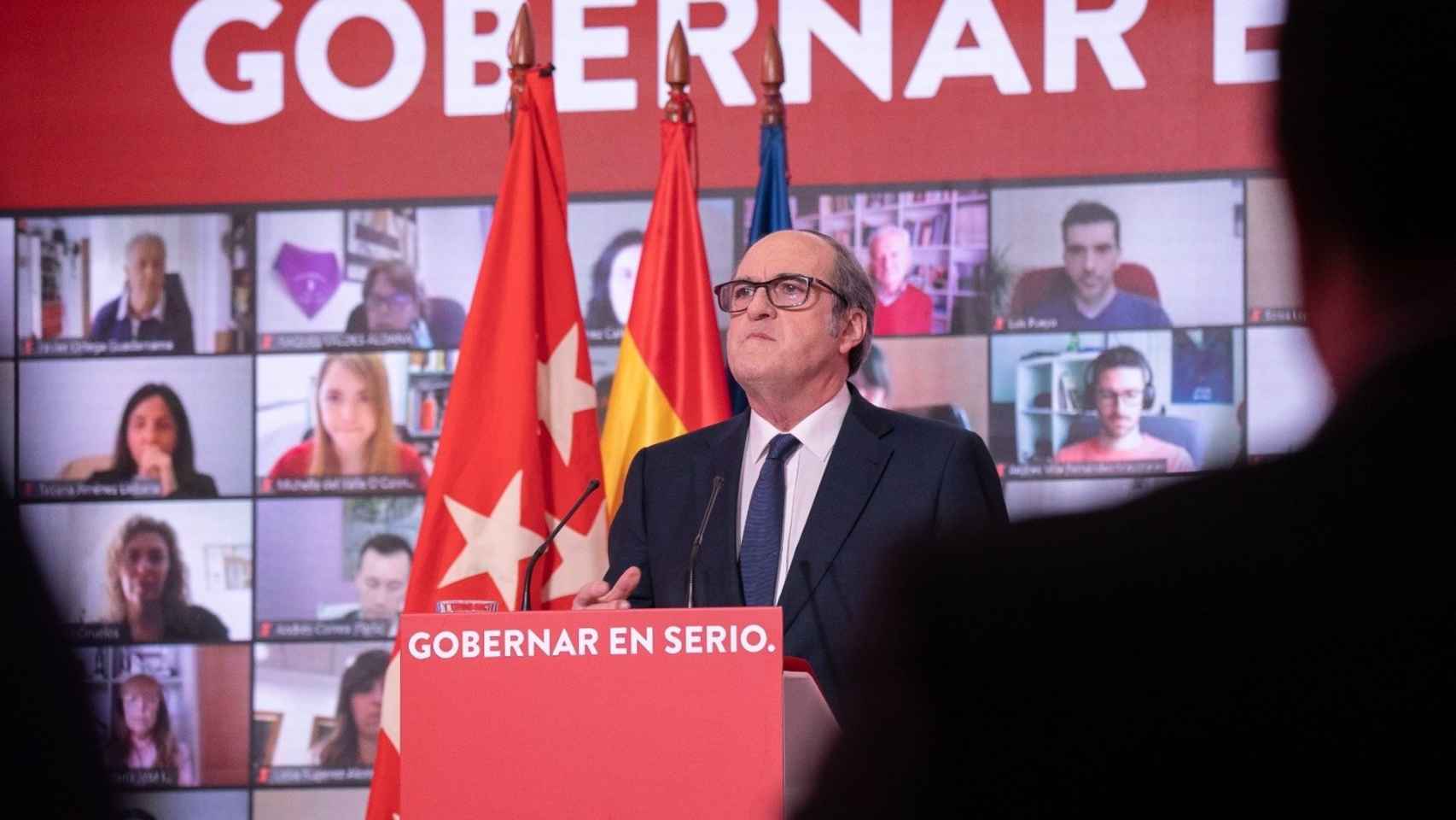 El candidato del PSOE a la Presidencia de la Comunidad de Madrid, Ángel Gabilondo,  en un acto en la sede del PSOE.