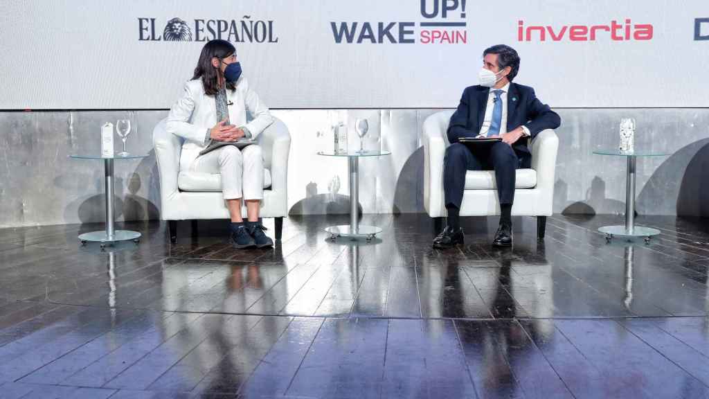 María Blasco, directora del Centro Nacional de Investigaciones Oncológicas (CNIO) y José María Álvarez-Pallete, presidente de Telefónica en el simposio 'Wake up, Spain!', organizado por EL ESPAÑOL, Invertia y D+I.