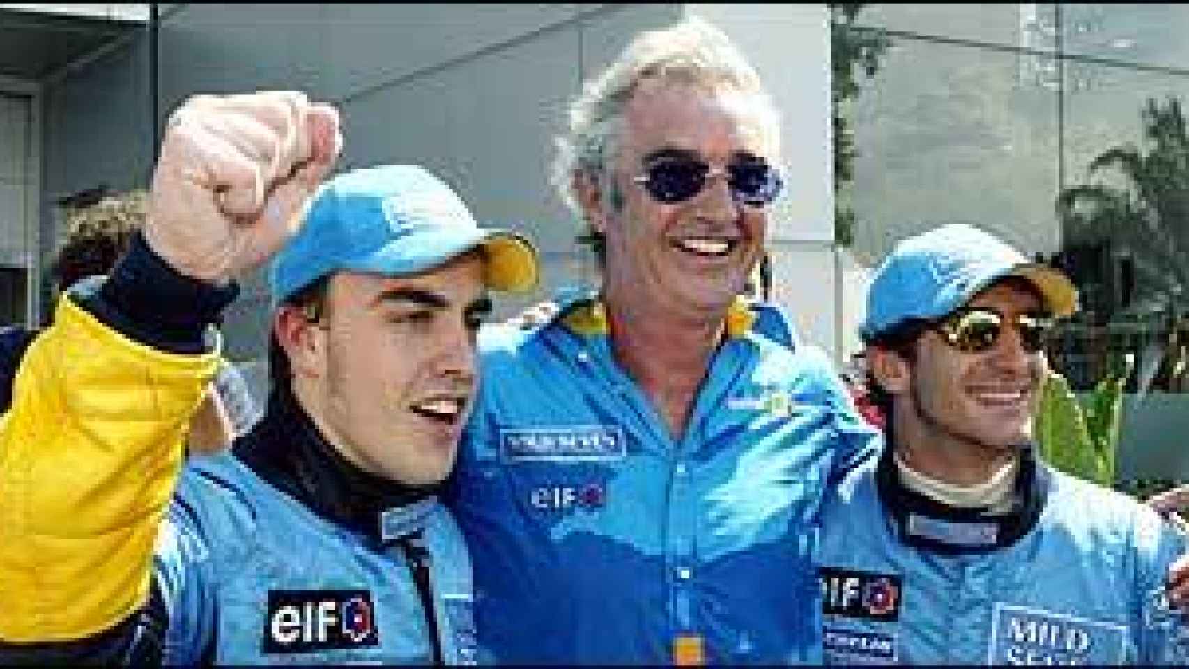 Flavio Briatore junto a Fernando Alonso y Jarno Trulli