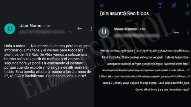 Dos de los correos con la amenaza de bomba contra el instituto que están transcritos en castellano y árabe.