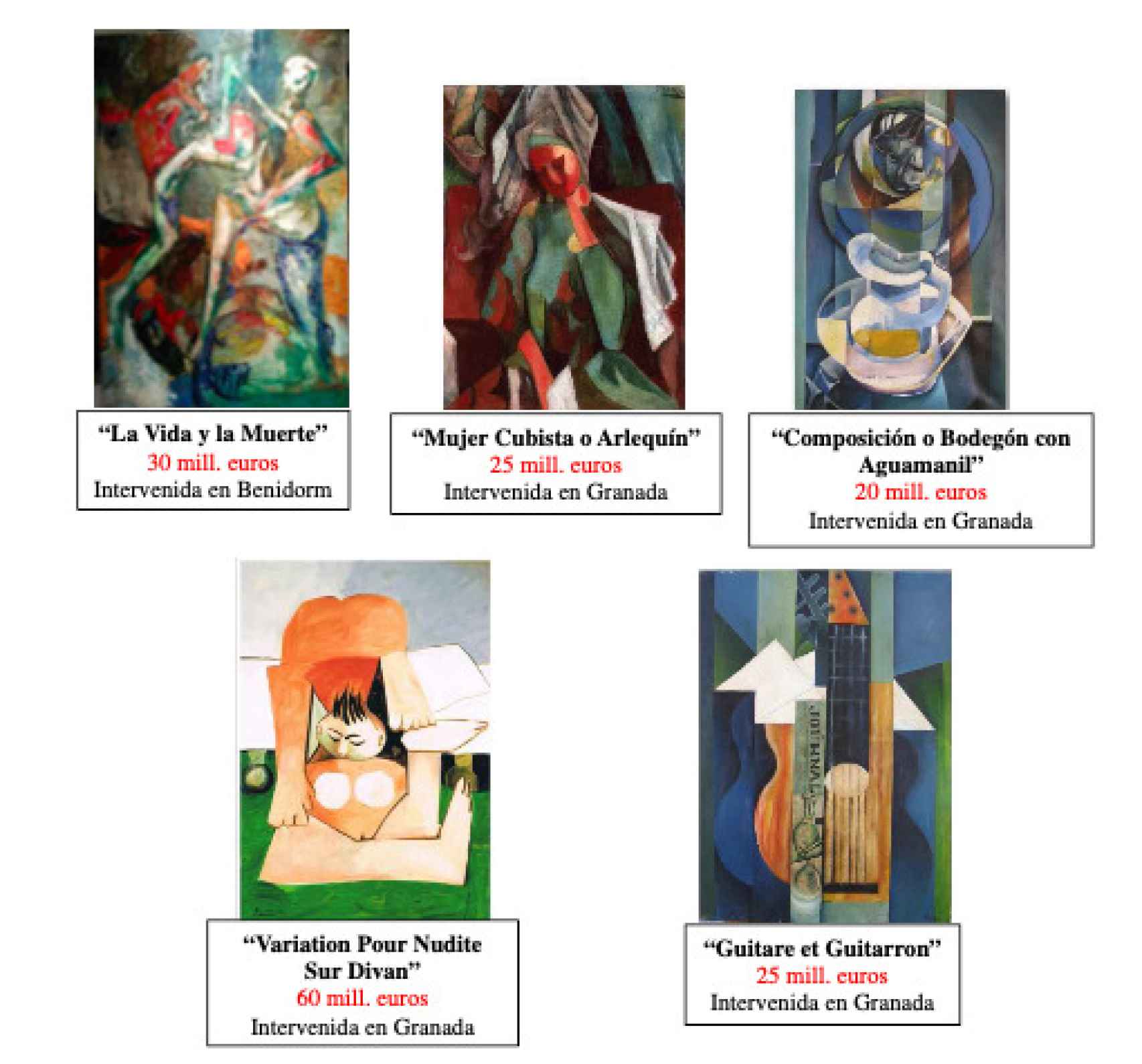 Los cinco Picassos falsos incautados.