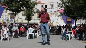 El candidato de Podemos a la Presidencia de la Comunidad de Madrid, Pablo Iglesias, en su primer mitin de campaña en Lavapiés.