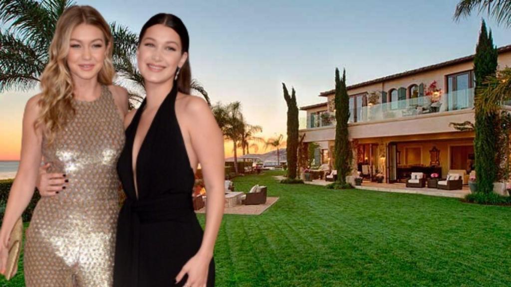 Gigi y Bella Hadid junto a la casa de su infancia en un montaje de JALEOS.