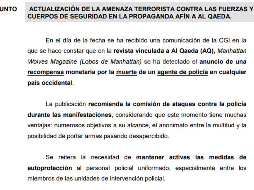 La nota de la Comisaría General de Información.