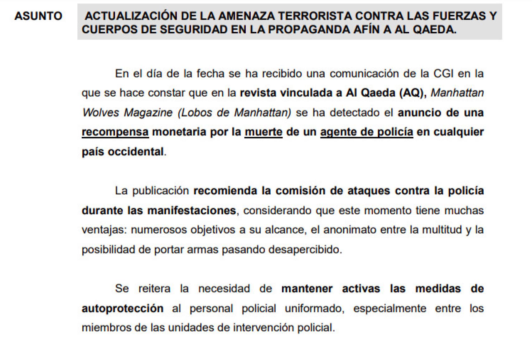 La nota de la Comisaría General de Información.