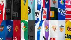 Las camisetas de los 20 equipos de LaLiga, con las Atlético de Madrid, FC Barcelona y Real Madrid sombreadas