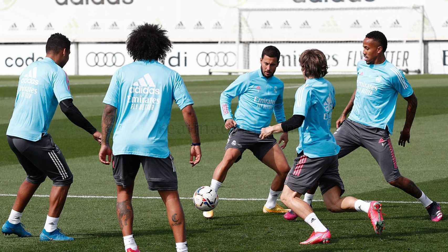 Casemiro, Marcelo, Eden Hazard, Luka Modric y Eder Militao, durante un entrenamiento del Real Madrid