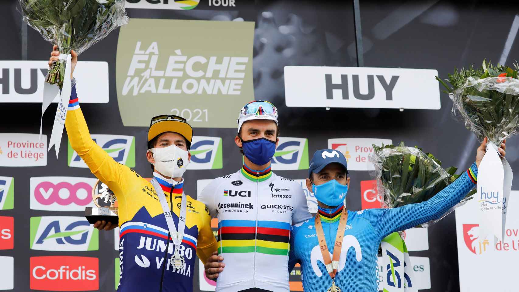 El podio de la Flecha Valona de 2021 con Primoz Roglic, Julian Alaphilippe y Alejandro Valverde
