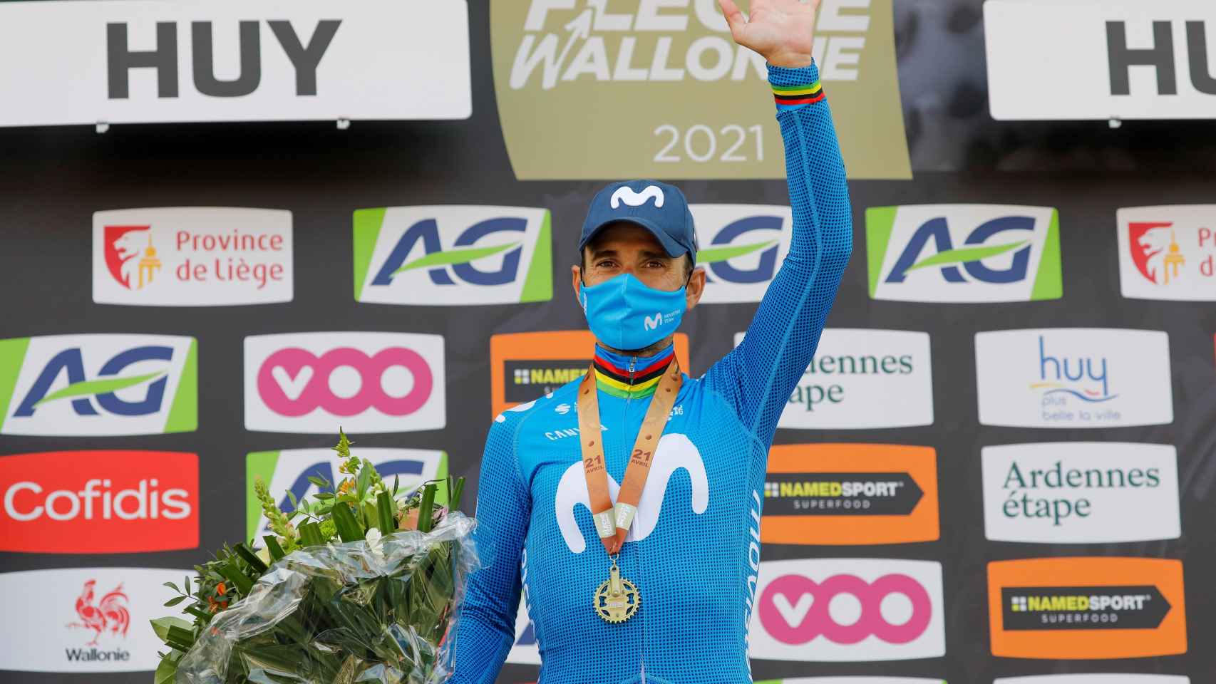 Alejandro Valverde, en el podio de la Flecha Valona de 2021