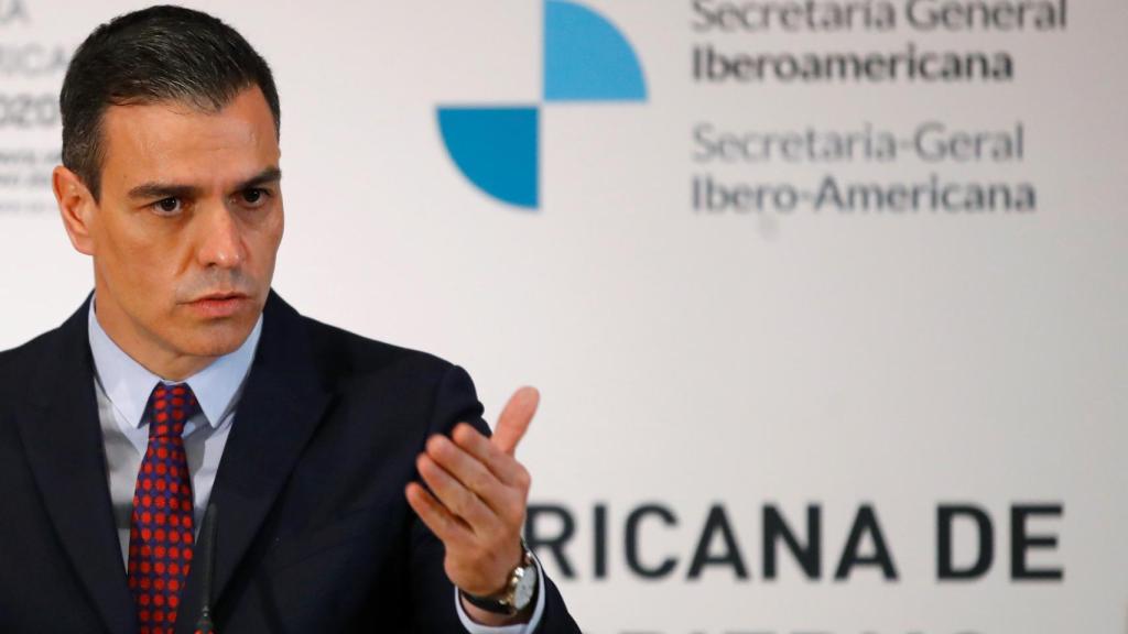 El presidente del Gobierno español, Pedro Sánchez, durante la rueda de prensa al término de la Cumbre Iberoamericana.