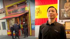 A la derecha, un grupo de policías en la terraza del bar Una grande libre. A la izquierda, su dueño, Chen Xiangwei.