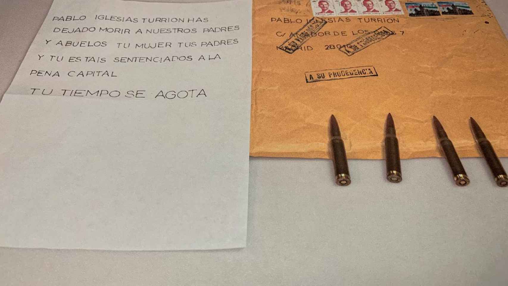 Las balas y la carta amenazante enviadas a Pablo Iglesias.