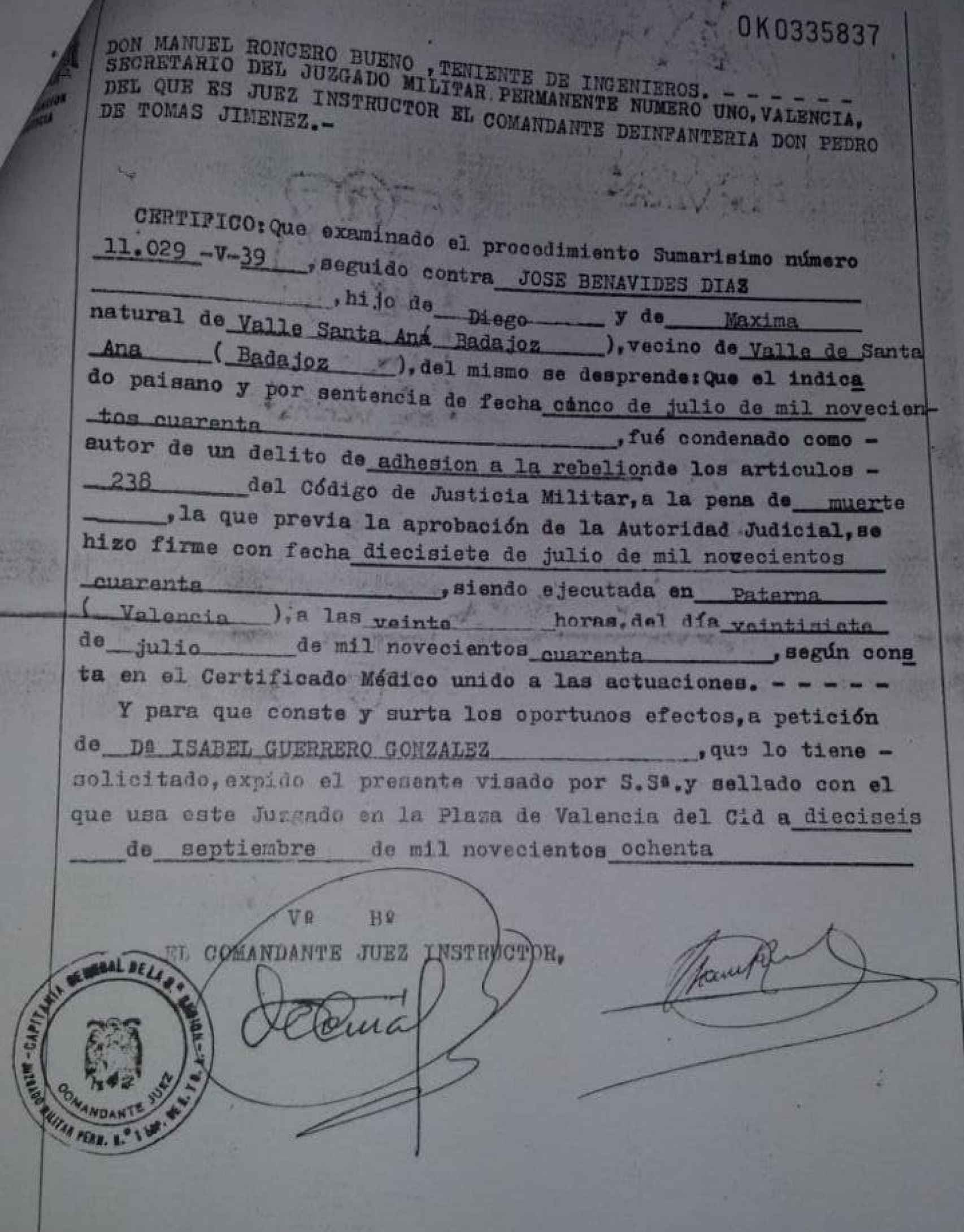 Documento del juicio sumarísimo a José Benavides.