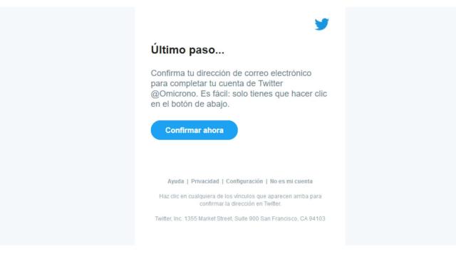 El correo enviado por Twitter para confirmar la cuenta