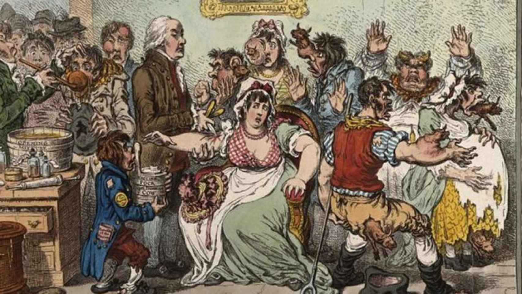Caricatura que ilustra la oposición a la vacunación en la que aparece Edward Jenner.
