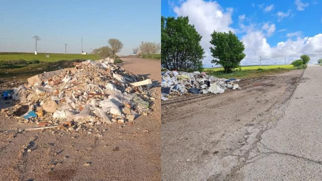 A la izquierda, el montón de escombros junto a la carretera; a la derecha, el mismo montón unos metros más retirado de la vía