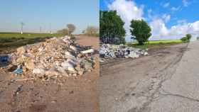 A la izquierda, el montón de escombros junto a la carretera; a la derecha, el mismo montón unos metros más retirado de la vía