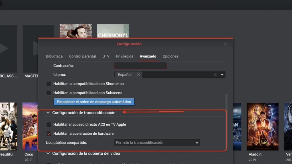 Opción para transcodificar vídeo en Synology