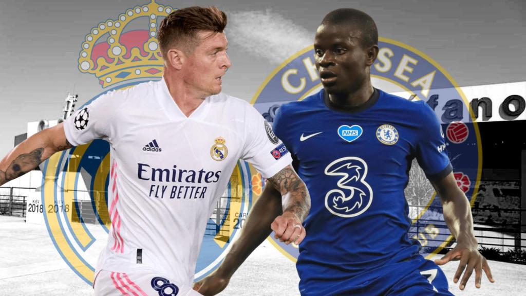 Toni Kroos y N'golo Kanté, en un fotomontaje con los escudos de Real Madrid y Chelsea y el Alfredo DI Stéfano