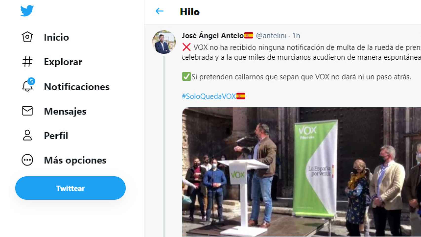Cuenta de Twitter de José Ángel Antelo donde ha anunciado que recurrirá la multa.