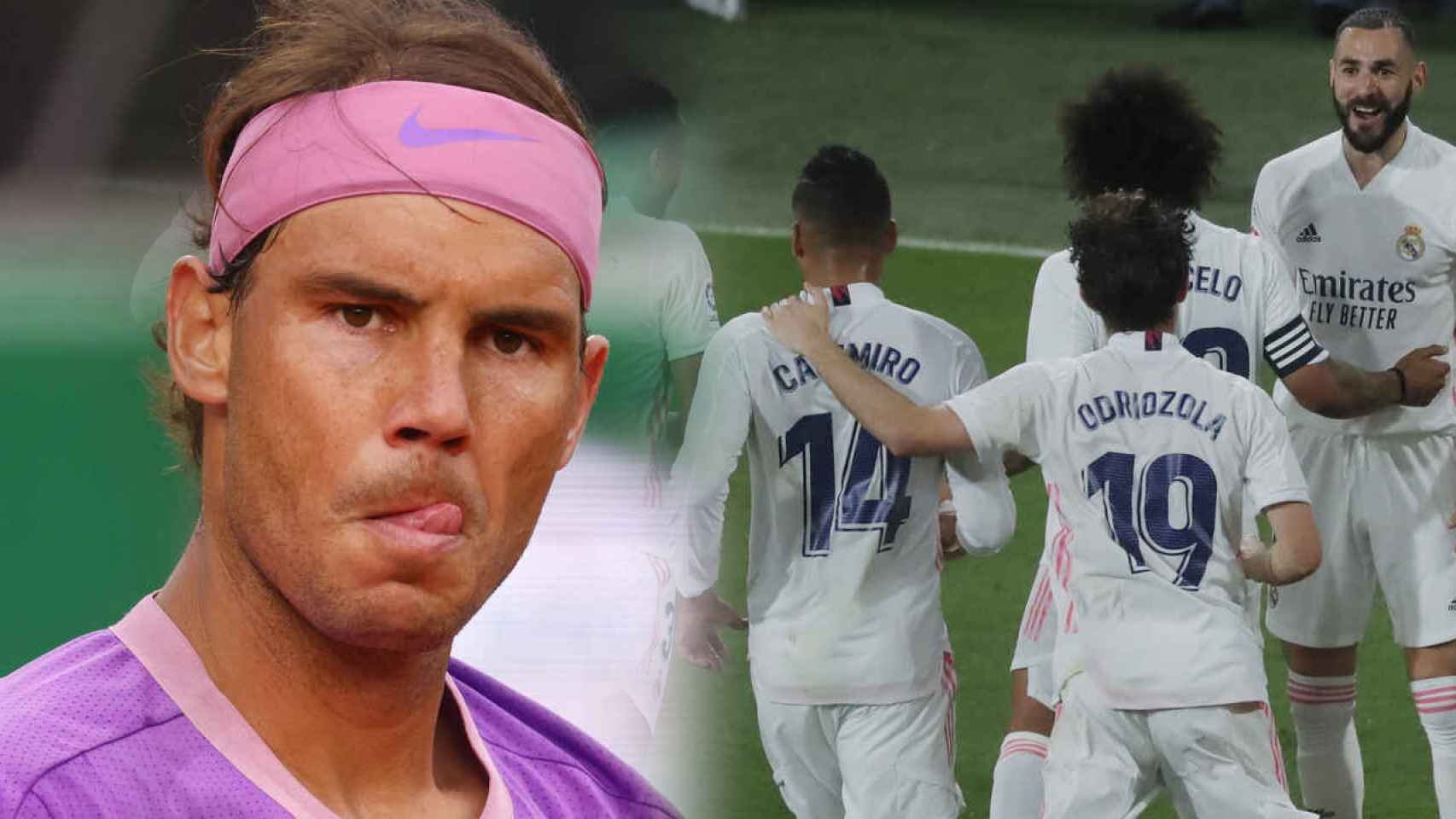 Rafa Nadal y los jugadores del Real Madrid celebrando un gol, en un fotomontaje