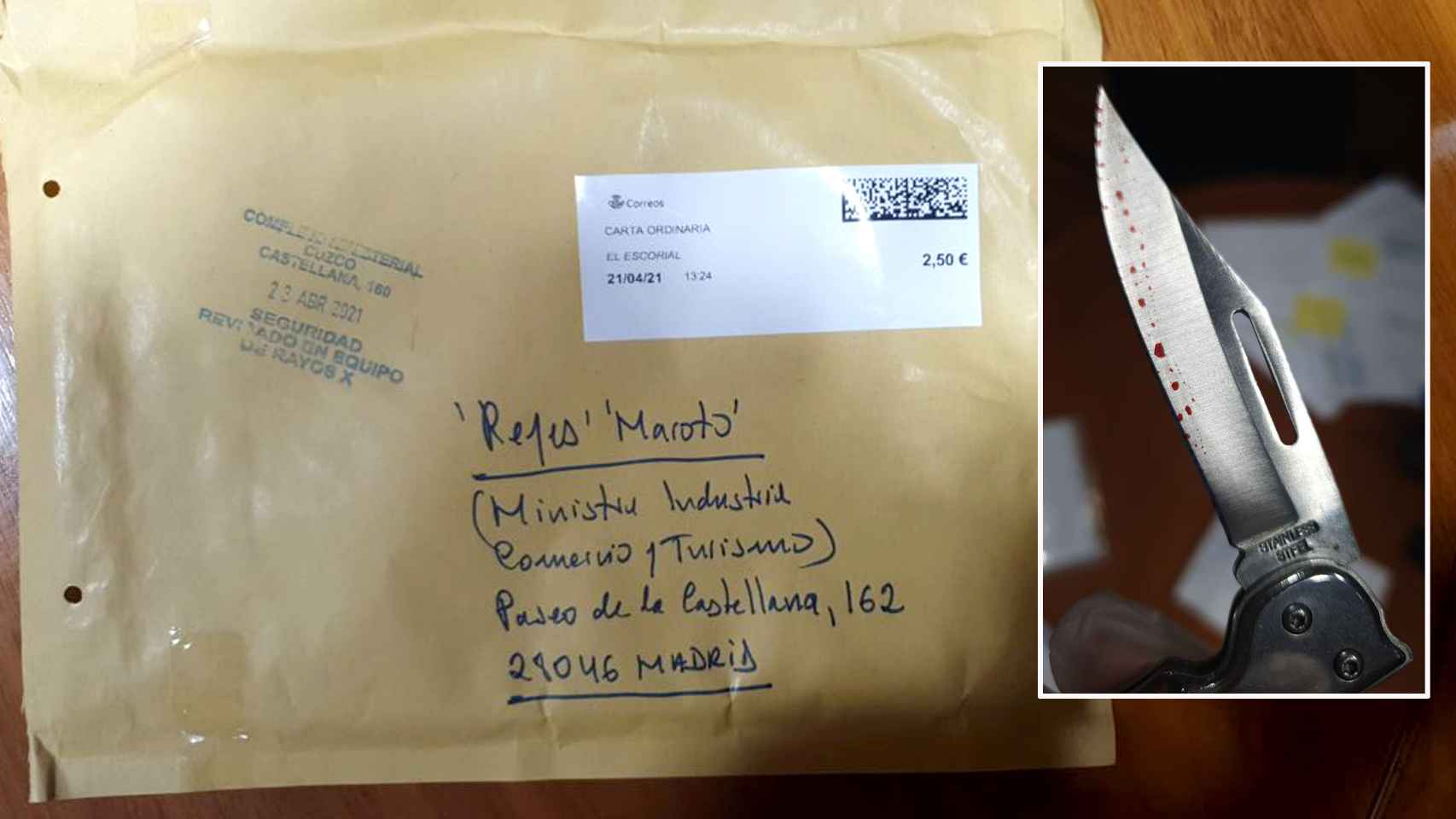 El sobre que contenía una navaja ensangrentada, remitido al Ministerio de Industria a nombre de Reyes Maroto.