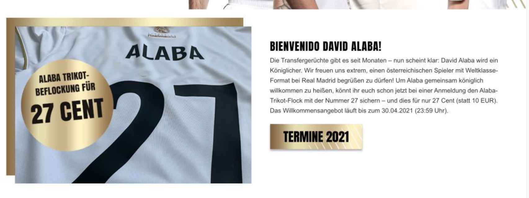 La página web desde la que se pueden comprar las camisetas de Alaba y el Real Madrid