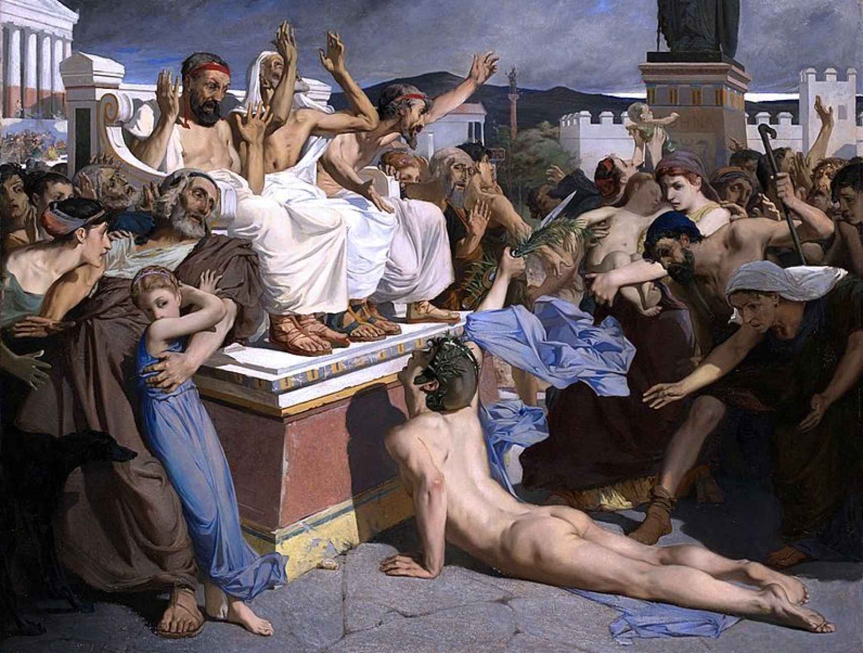 Filípides anunciando la victoria ateniense en la batalla de Maratón. Un lienzo de Luc-Olivier Merson.