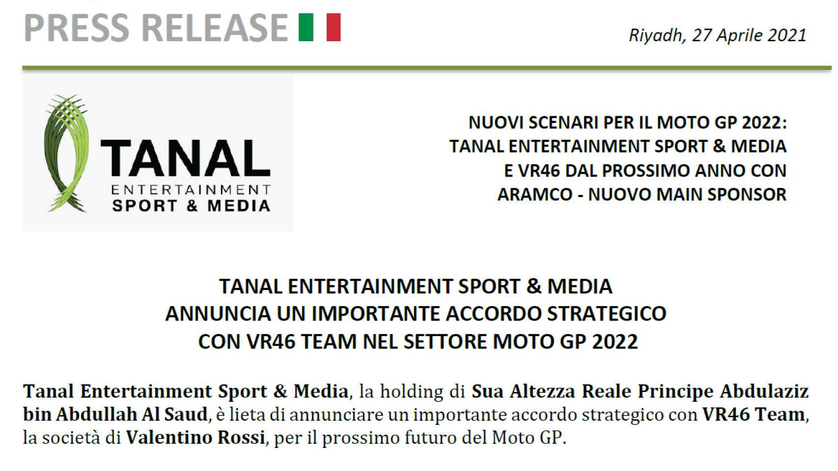 El comunicado oficial de Tanal Entreteinment Sport & Media para el lanzamiento del Racing Team VR46 en MotoGP
