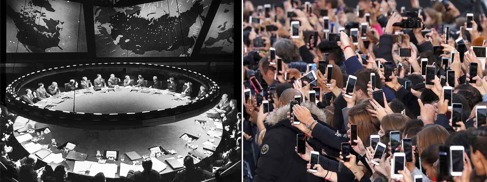 Entre la imagen de la izquierda, la Sala de Guerra de la Pelicula Teléfono Rojo ¿Volamos hacia Moscú? de Kubrick, -que asociamos con los misiles de la Guerra Fría–, y la multitud conectada al Internet movil han pasado 60 años. En esa cronología cabe toda la historia de Internet.
