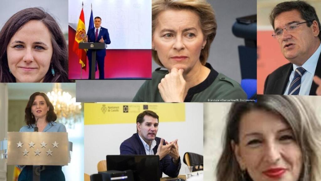 Ione Belarra, Pedro Sánchez, Urusla von der Leyen, José Luis Escrivá, Isabel Díaz Ayuso, Manuel de la Rocha y Yolanda Díaz.