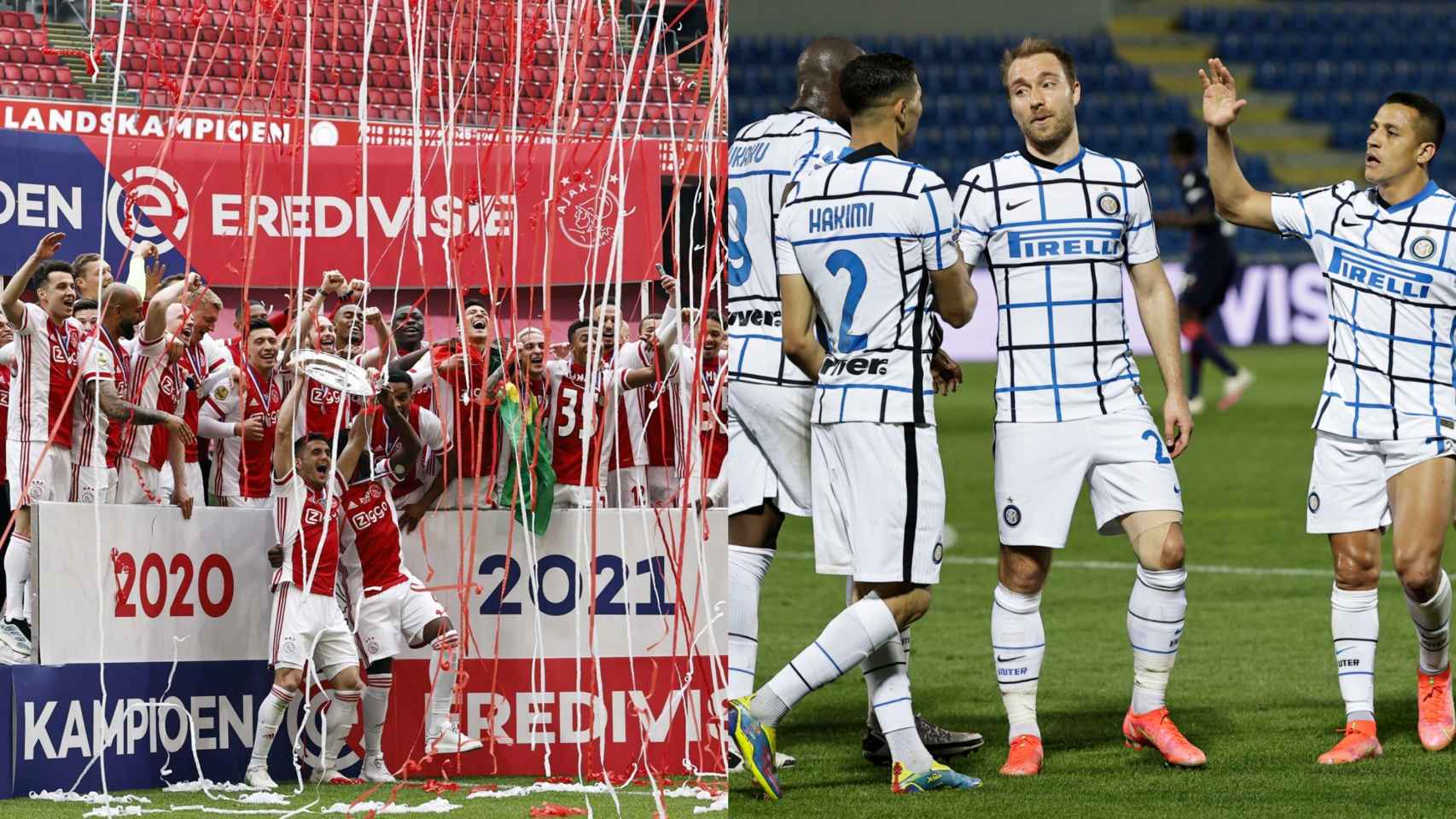 El Ajax celebra la Eredivisie (izquierda) y el Inter un gol en la Serie A (derecha)