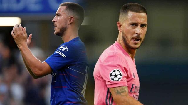 Eden Hazard con la camiseta del Chelsea y del Real Madrid en un fotomontaje