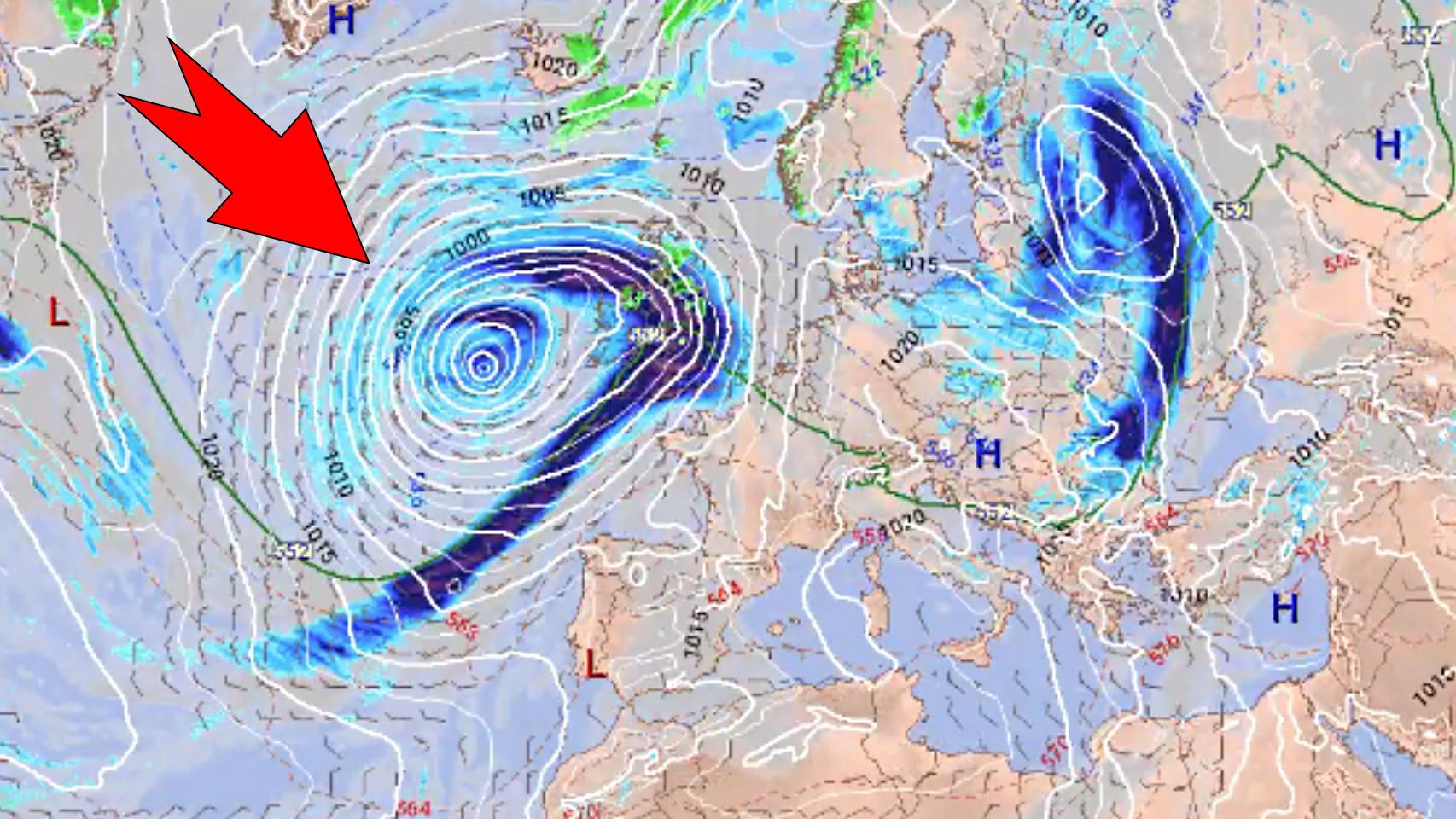 La profunda borrasca atlántica que aparecerá tras un proceso de ciclogénesis explosiva. METEORED