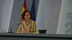 La vicepresidenta primera, Carmen Calvo, en la rueda de prensa posterior al Consejo de Ministros.