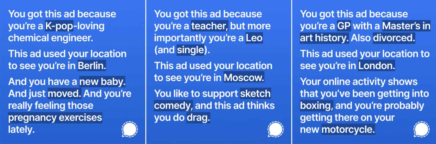 Ejemplos de anuncios creados por Signal