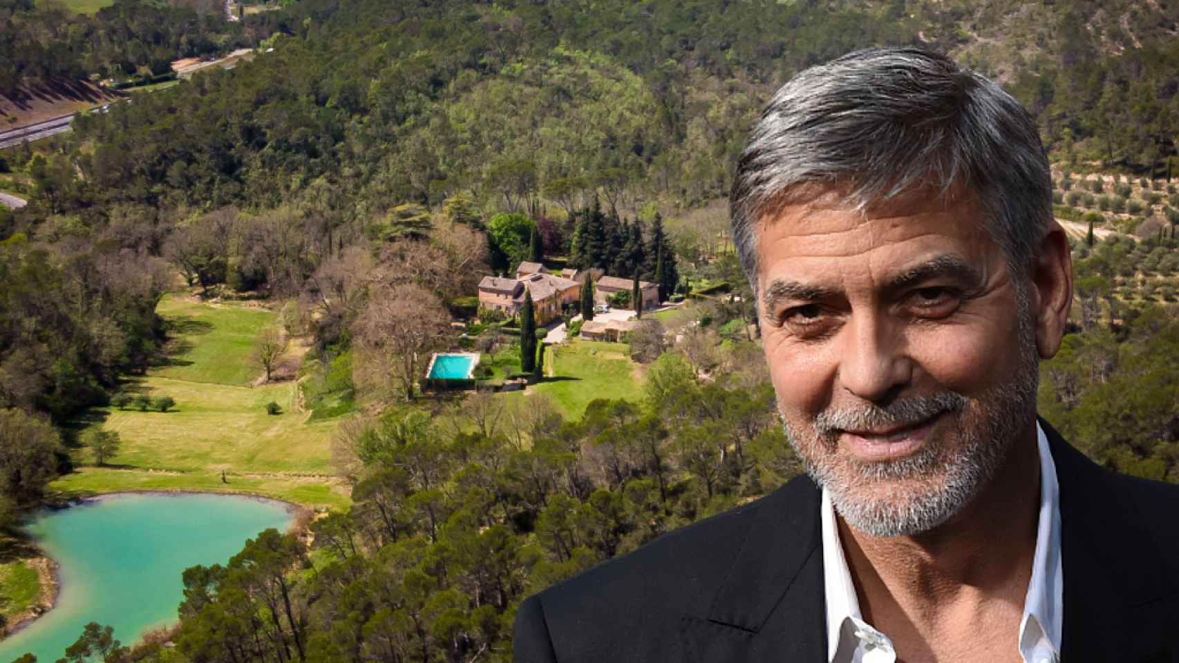 George Clooney y la finca que pretende comprar en Francia, en un fotomontaje de JALEOS.