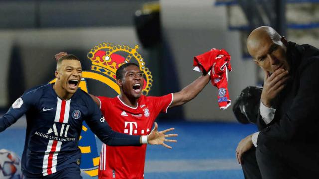 Mbappé, Alaba y Zinedine Zidane en el banquillo del Real Madrid