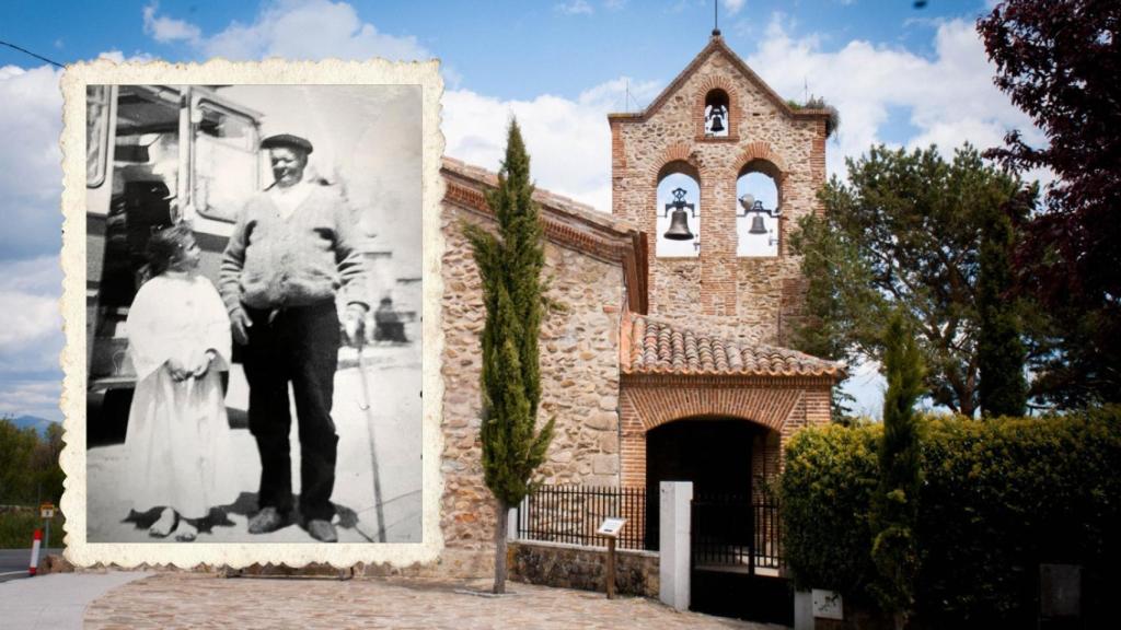 El tío Carolo, alcalde de Navarredonda durante la segunda república y el franquismo. De fondo, la ermita de San Mamés.