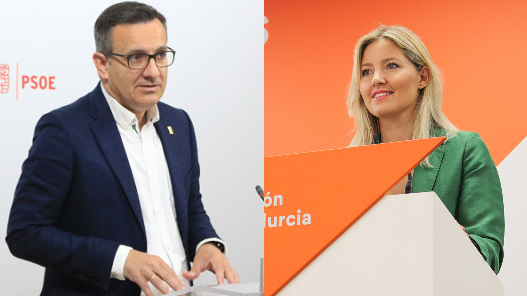El secretario general del PSOE en la Región de Murcia, Diego Conesa, y la coordinadora de Cs en la Región de Murcia, Ana Martínez Vidal.