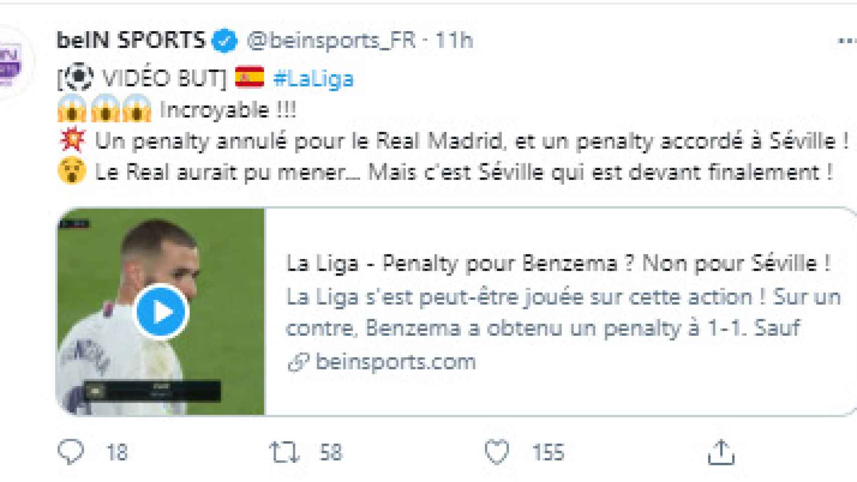 El tuit de BeIN Sports Francia sobre el penalti de Militao en el Real Madrid - Sevilla