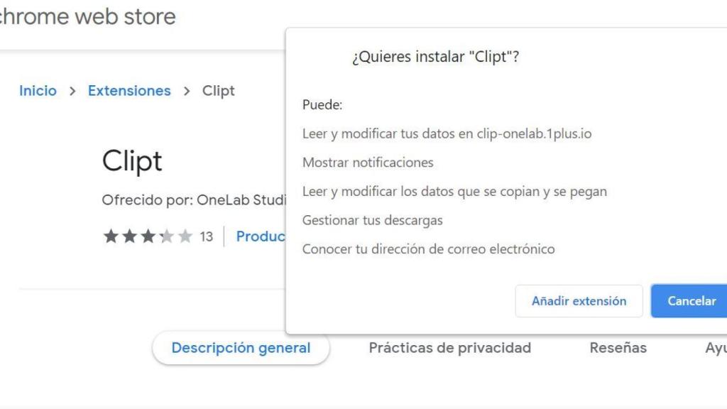 Permisos que solicita Clip en Chrome