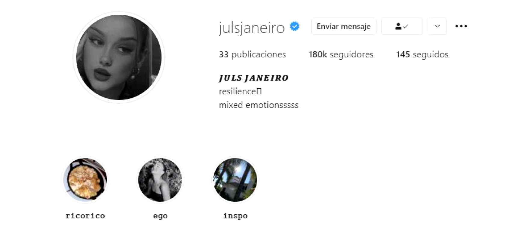 Captura del perfil de Julia Janeiro: ha actualizado su foto, su descripción y su careta de historias destacadas.