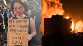A la izquierda, Andréa Becker en una manifestación en Brooklyn. A la derecha, imagen de los bombardeos en Gaza.