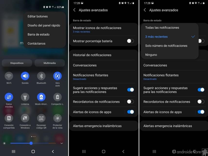 Samsung personalizar notificaciones barra de estado